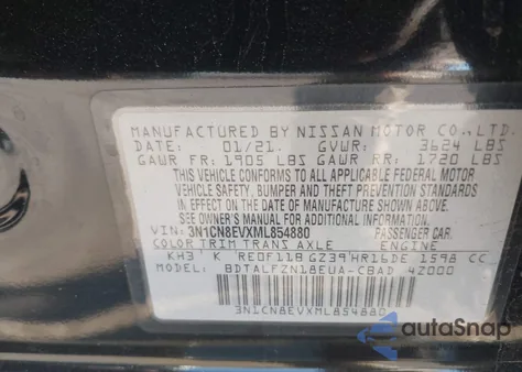 2021 Nissan Versa Sv Xtronic Cvt from USA, damaged, VIN 3N1CN8EVXML854880